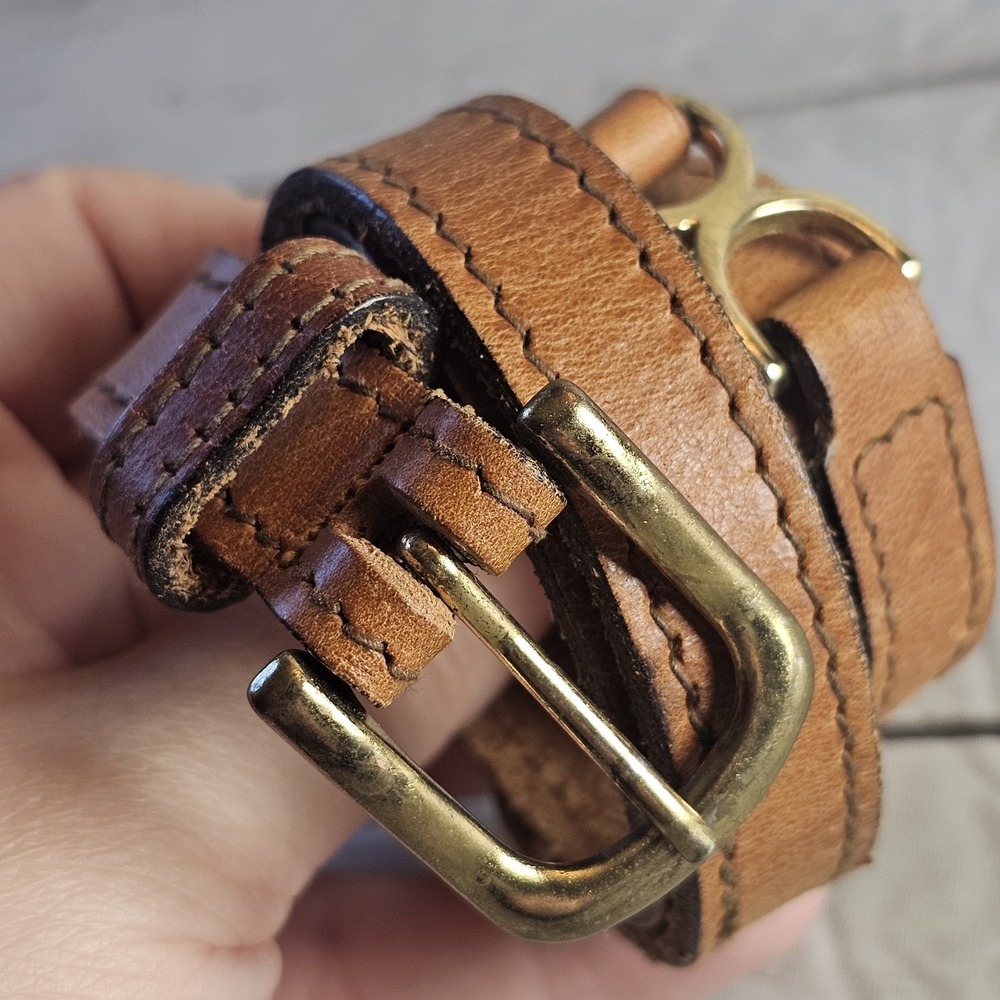 Vintage Leather Belt Womens Small Brown Cognac Brass Buckle Hinge‎ Skinny Petite